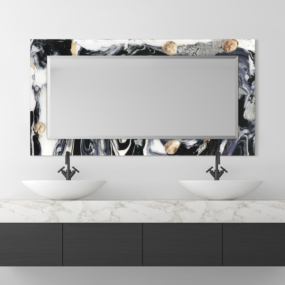 "Ebony and Ivory" Beveled Mirror on Printed Abstarct Tempered Art Glass, 54x28"