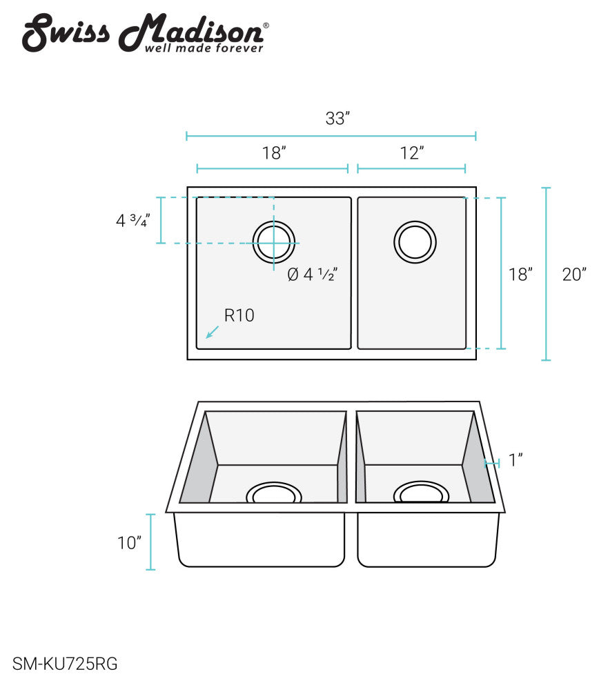 Rivage 33"x20" Stainless Steel, Dual Basin, Undermount Kitchen Sink, Rose Gold