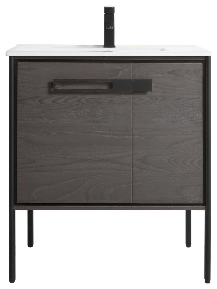 Oakville Bath Vanity, Ceramic Sink, Black Coal Oak, 30 Inch, Black Hardware