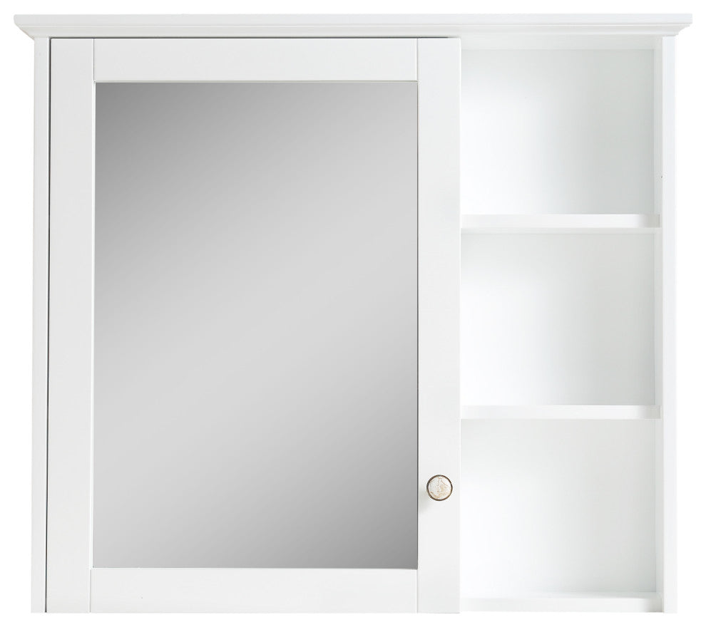 Solid Wood Bathroom Medicine Cabinet With Silver Coated Mirror, White, 34"x30"