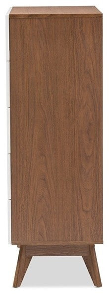 Calypso Mid-Century Modern White and Walnut Wood 5-Drawer Storage Chest