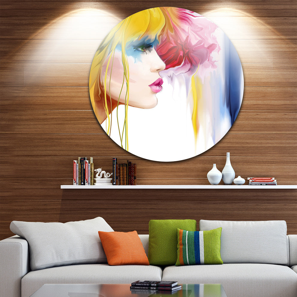 Girl With Colorful Hair, Portrait Contemporary Disc Metal Wall Art, 23"