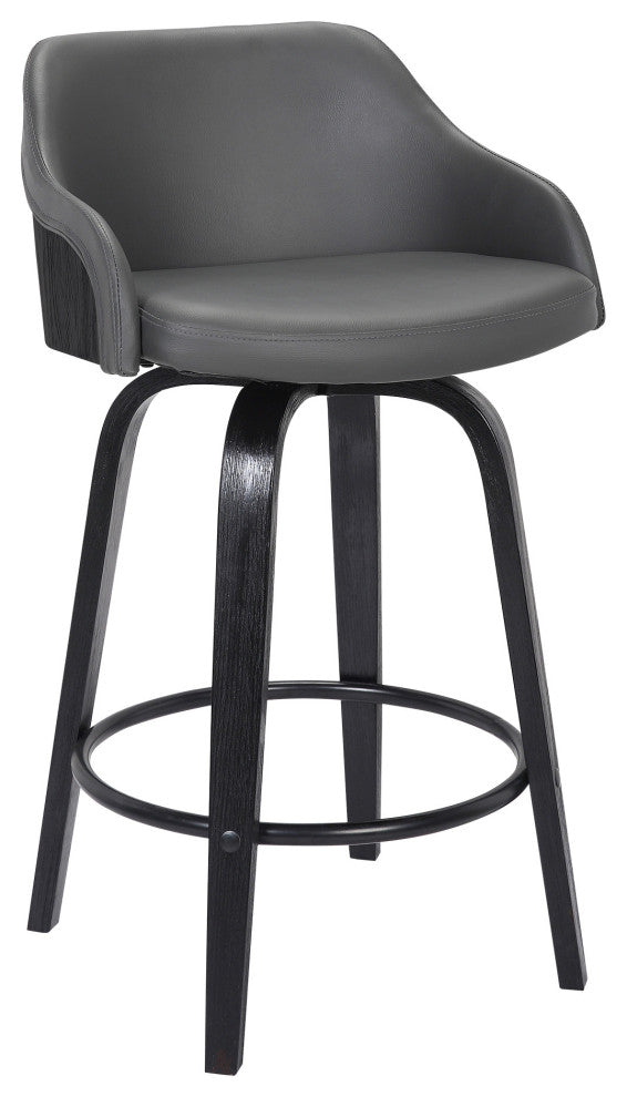 26" Gray Swivel Faux Leather Black Wooden Bar Stool