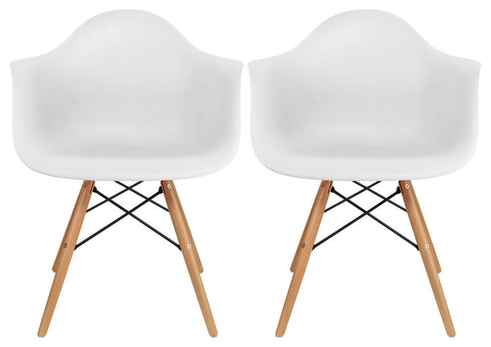 Set of 2 Modern Dining Plastic Side Chairs with Wood Wooden Cross Metal Legs, White