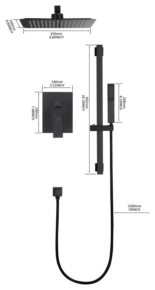 CASAINC 10" Luxury Wall Mounted Shower System Set w Sliding Handheld Rod, Matte Black