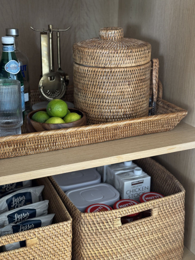 La Jolla Rattan Ice Bucket With Ice Tongs, Honey-Brown