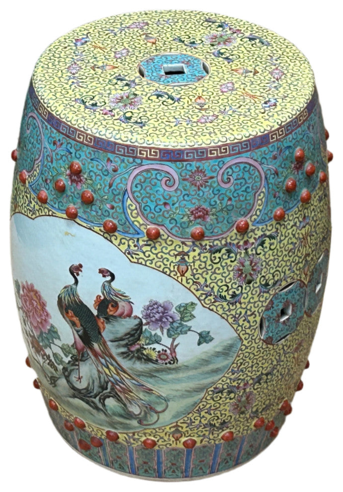 Vintage Famille Rose Yellow Base Peacocks Peony Porcelain Round Stool Hws4350