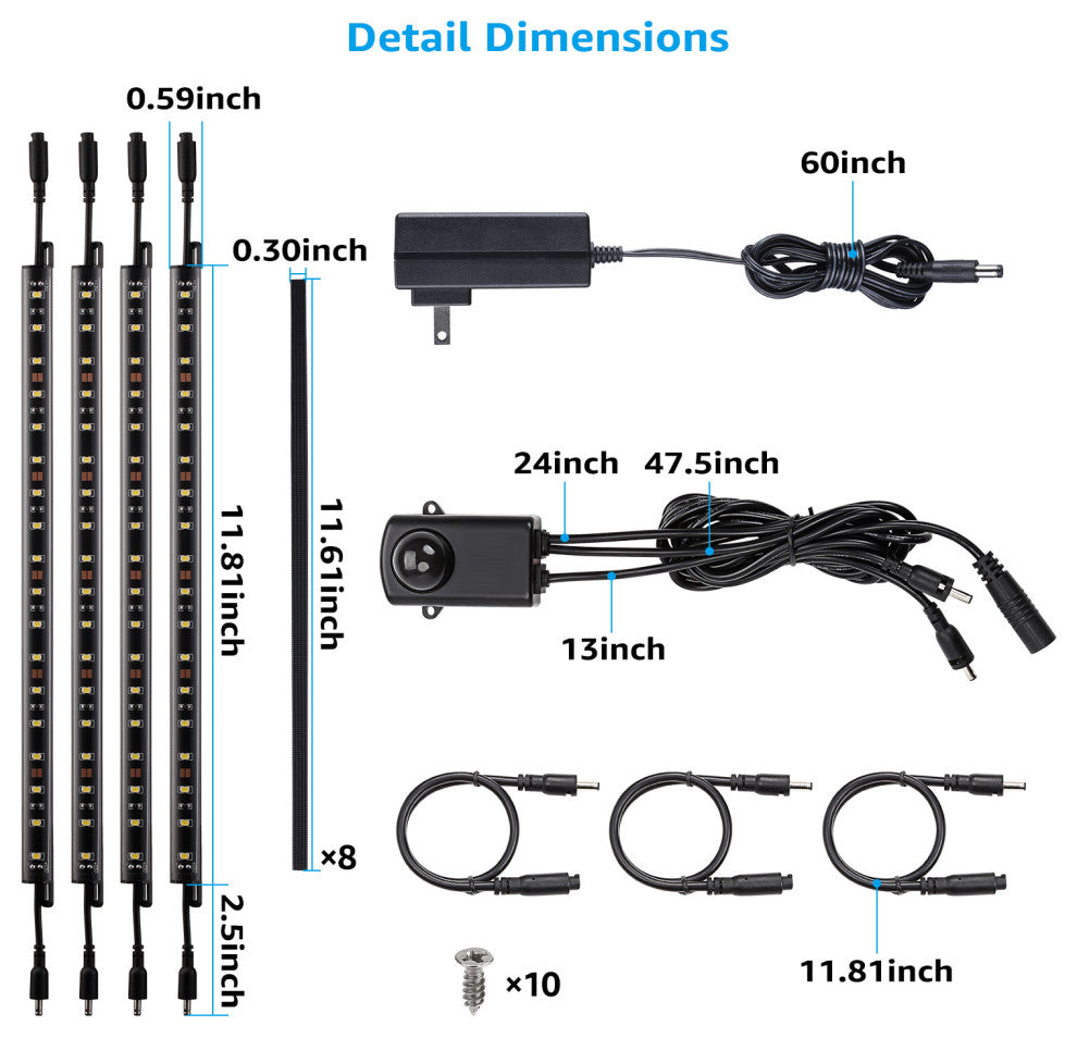 Motion Activated Under Cabinet LED Strips Light Kit, Daylight, 4pcs