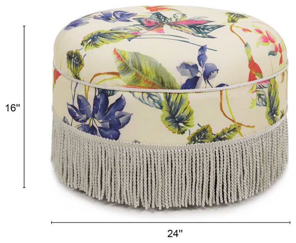 Yolanda 24" Upholstered Round Accent Ottoman, Tropical Floral Beige