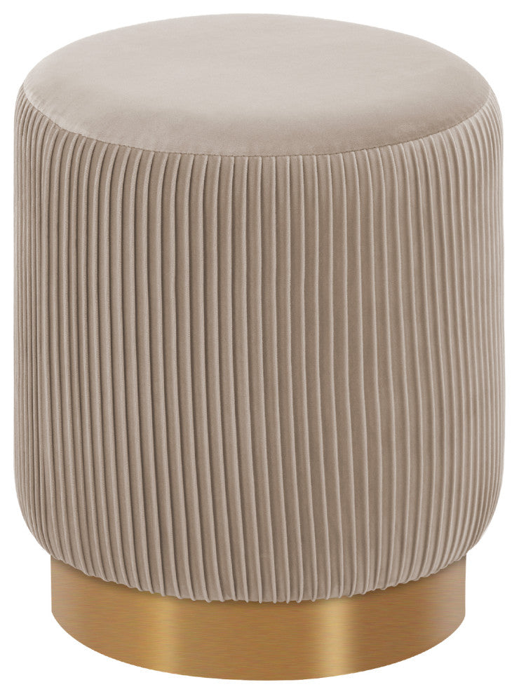 Round Pleated Golden Base Velvet Ottoman, Khaki