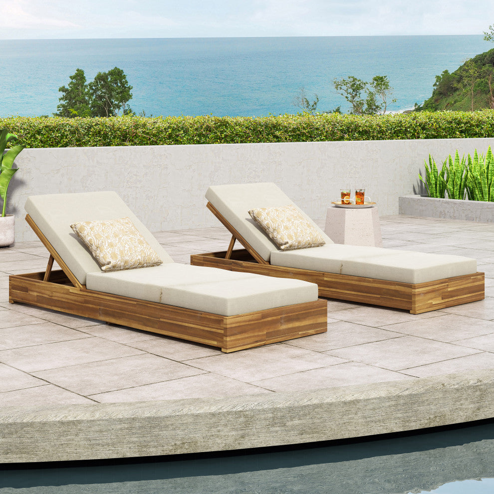 GDF Studio Acacia Wood Chaise Lounge & Foldable Cushion Set, Sandblast Teak/Cream, Set of 2