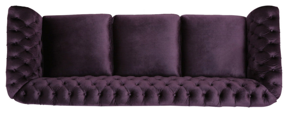 GDF Studio Vita Chesterfield Tufted Jewel Toned Velvet Sofa With Scroll Arms, Blackberry