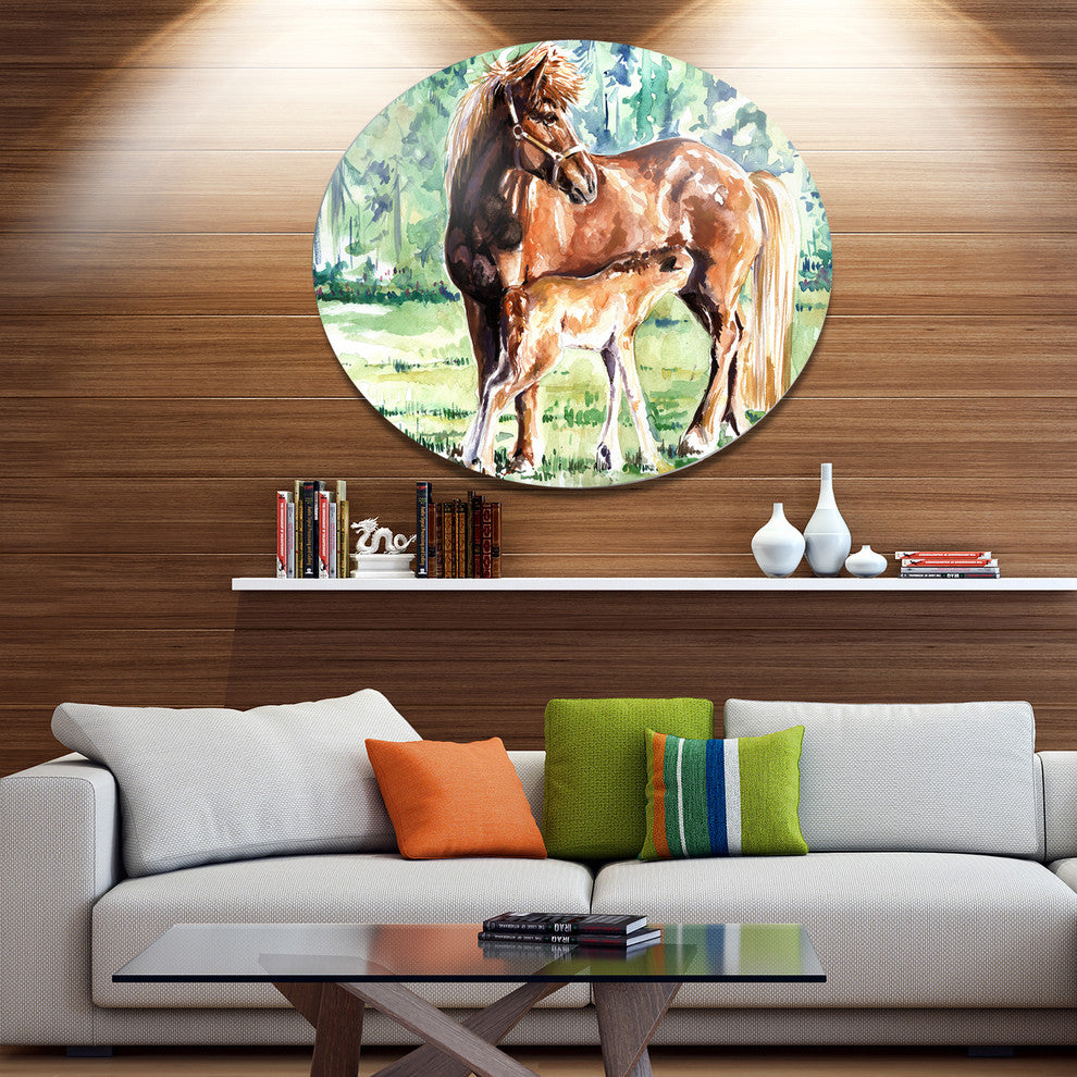 Mare And Foal Watercolor, Animal Disc Metal Artwork, 36"