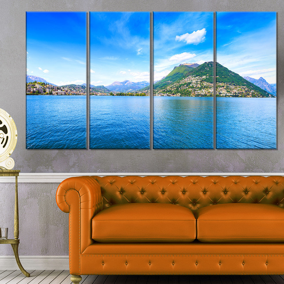 "Lugano Lake Ticino Panorama" Seashore Canvas Art, 4 Panels, 48"x28"