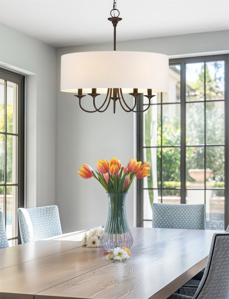 Kira Home Quinn 22" Chandelier, White Linen Drum Shade, Oil-Rubbed Bronze