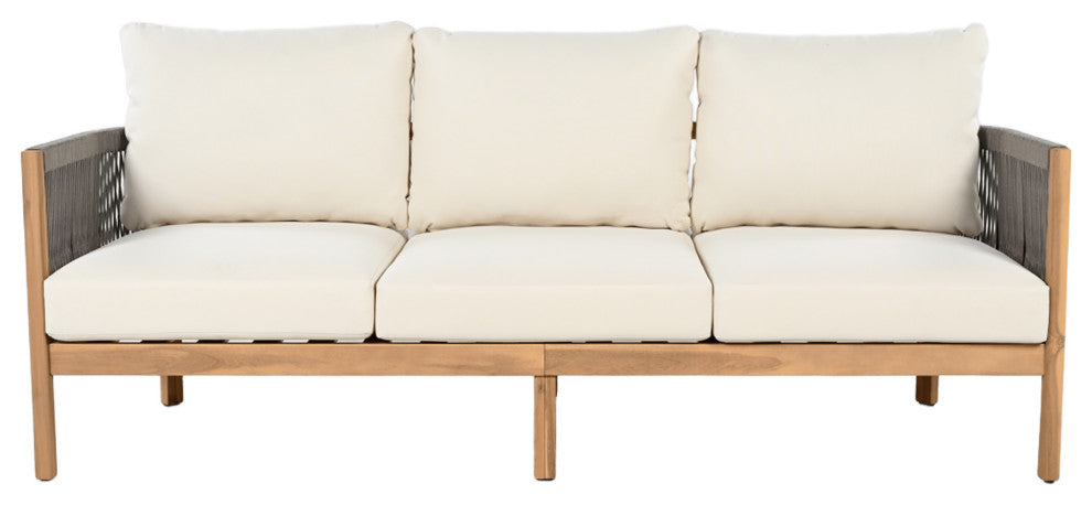 GDF Studio Outdoor 3-Seater Patio Acacia Wood Sofa, Teak/Gray/Beige