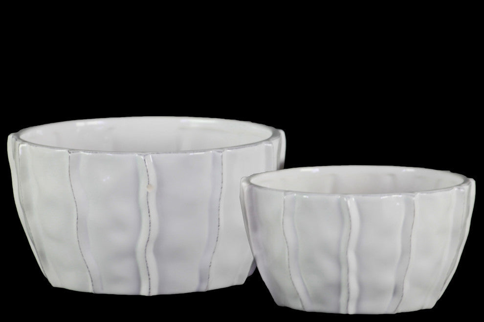 Ceramic Low Bowls With Embedded Wave Design Body, 2-Piece Set, White