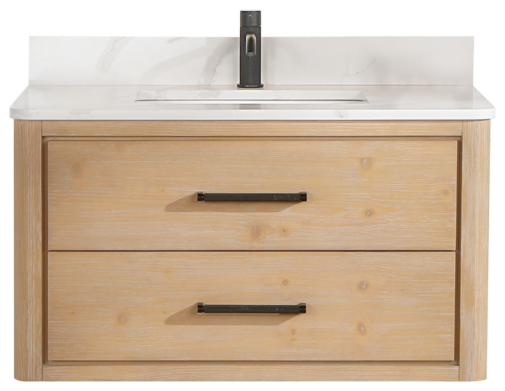 Cristo Floating Bath Vanity With Stone Top, Fir Wood Brown, 36in., No Mirror