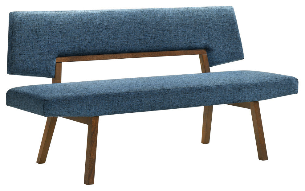 Channell Wood Dining Bench, Walnut Finish With Blue Fabric