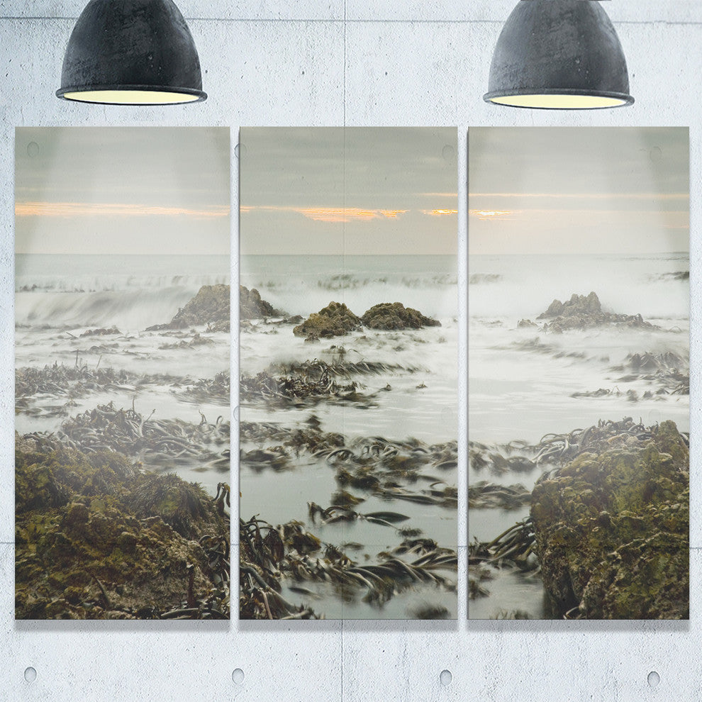 "Gloomy Sunset Over Rocks and Waves" Metal Wall Art, 3 Panels, 36"x28"