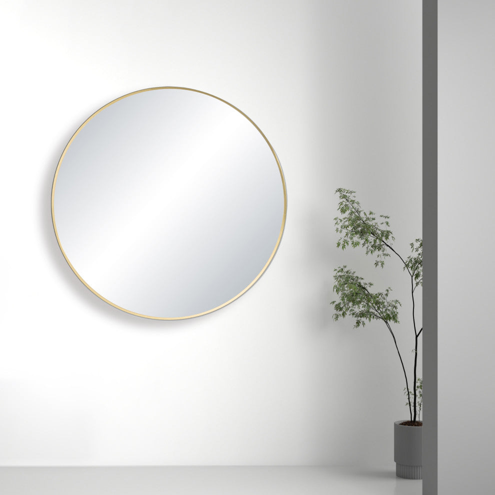 Round Metal Frame Shatterproof Wall Mount Mirror, FM3, Brushed Gold, 24"