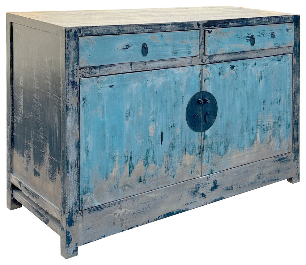 Distressed Black Rim Light Blue Doors Credenza Sideboard Console Table Hws4358