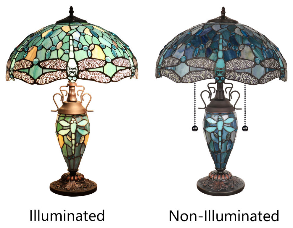 Sunniva Dragonfly Tiffany 3-Light Double Lit Table Lamp 16" Shade