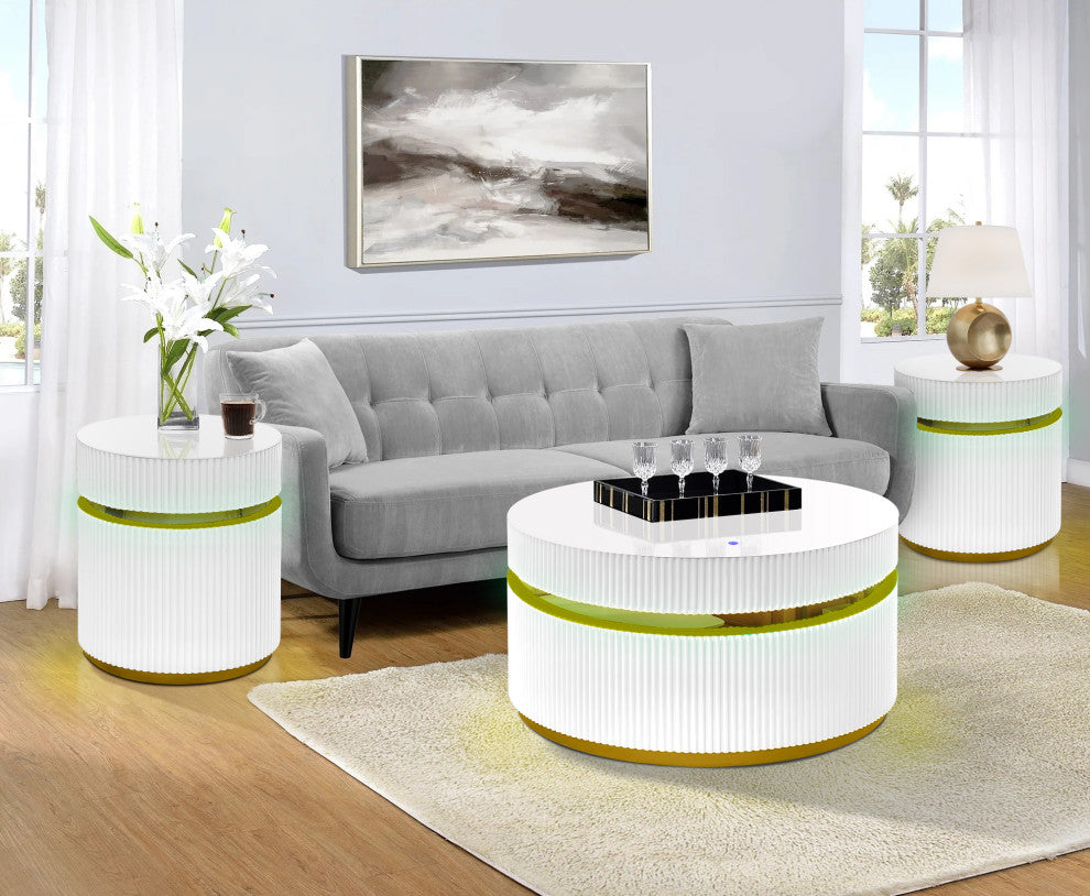 Tavita 3-Piece Round Coffee Table Set With Glass Top and LED Lights