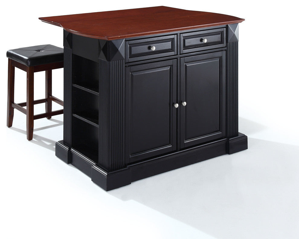 Drop Leaf Breakfast Bar Top Kitchen Island With 24" Black Upholstered Square Sea