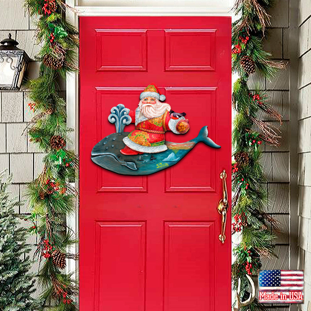 Coastal Whale Riding Santa, Wooden Decorative Holiday Door Hanger
