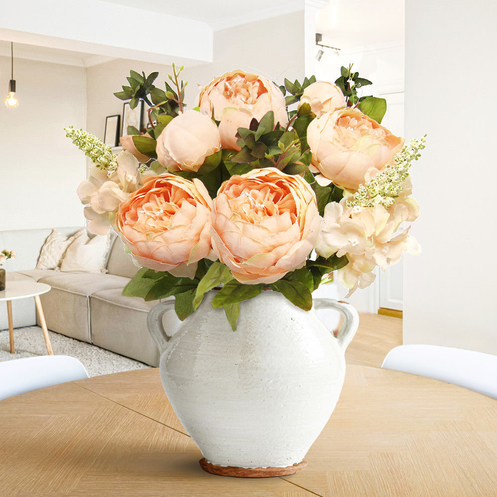 Artificial Blush Peach Mixed Peony Hydrangea Flower Stem Bush Bouquet 19"