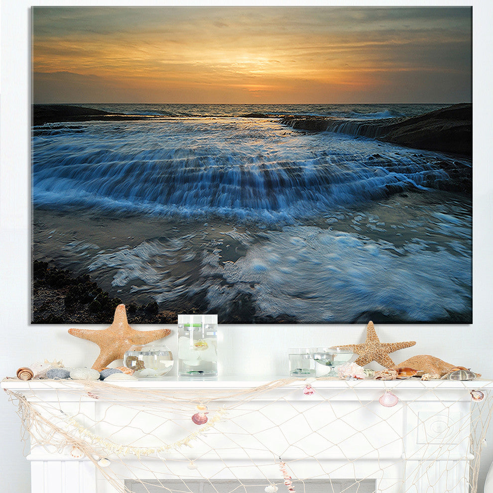 "Beach With Rushing White Waves" Modern Beach Canvas Art Print, 40"x20"