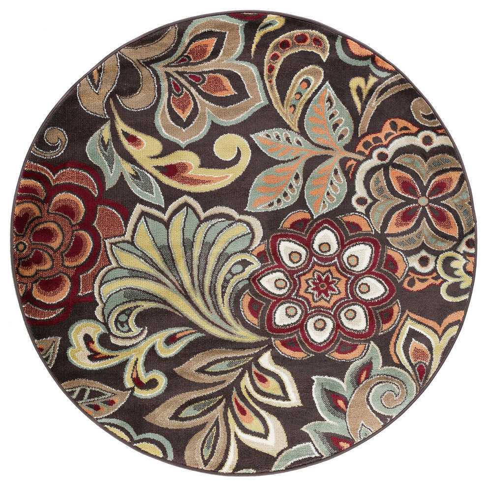 Dilek Transitional Floral Area Rug, Brown, 5'3'' Round