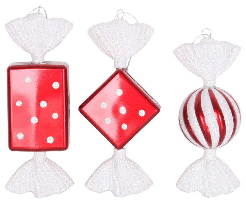 Vickerman 8" Candy Irid Glitter, Set of 3, Red and White