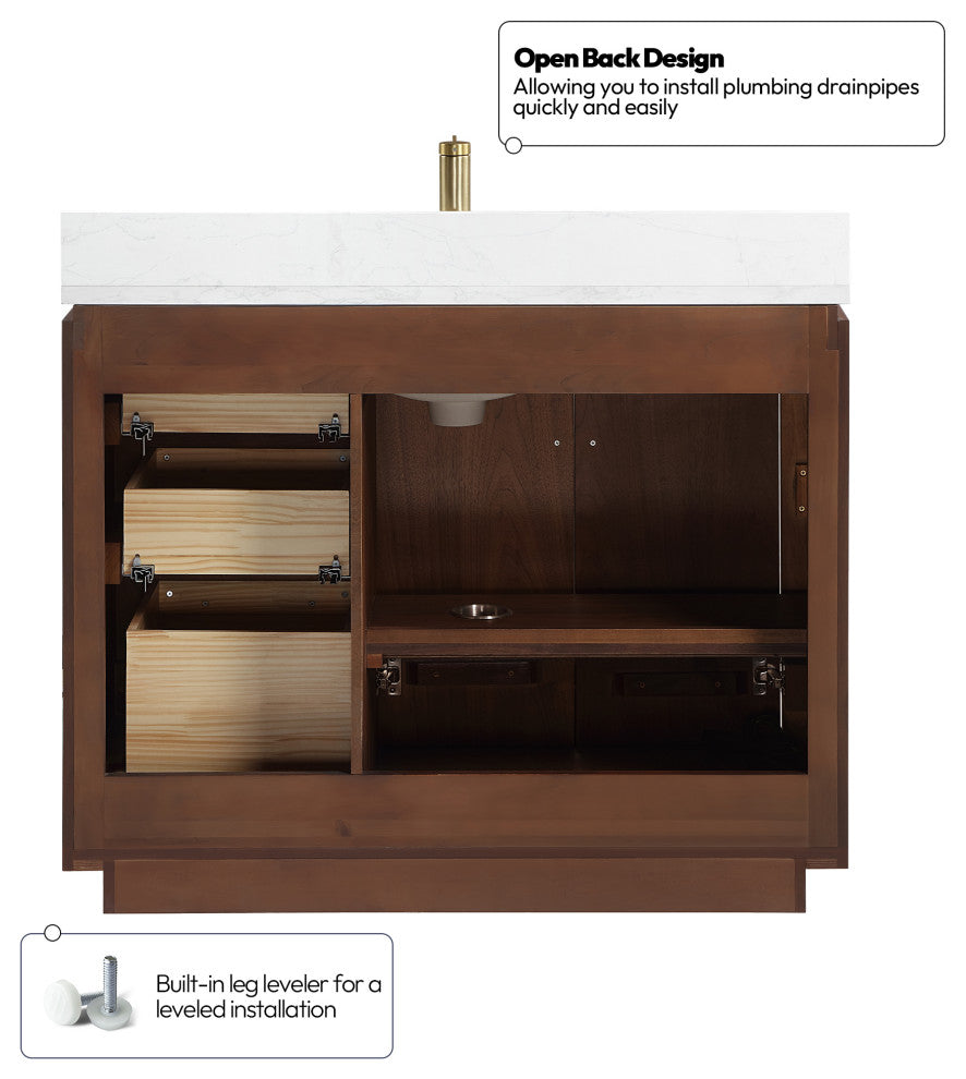 San Bath Vanity with Stone Top, Natural Walnut, 42", Single Vanity, No Mirror