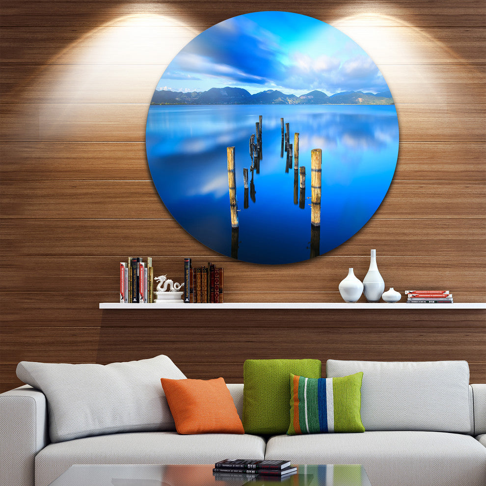 Wooden Pier Remains In Blue Sea, Seascape Photo Disc Metal Artwork, 11"