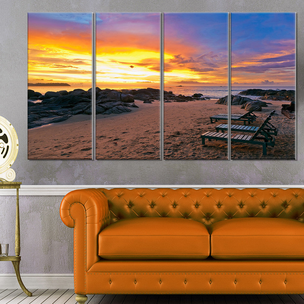 "Khao Lak Beach View At Sunset" Modern Seashore Canvas Art, 4 Panels, 48"x28"
