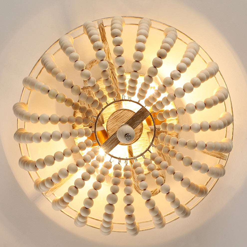 2-Lights Antique Rustic Wood Beaded Flush Mount Light