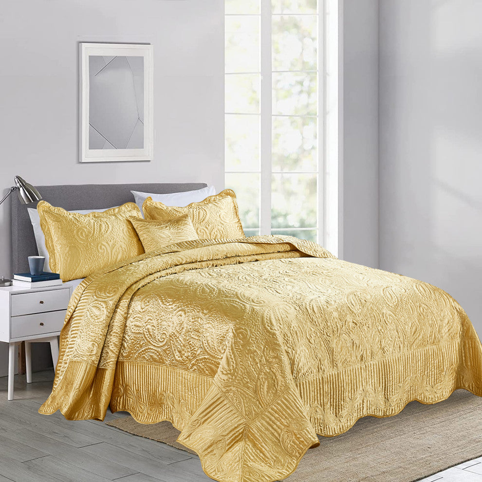 Quilted Satin 4 Piece Bed Spread Set, Gold, Queen