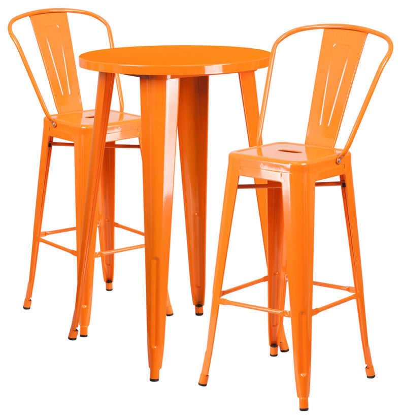 24" Round Orange Metal Indoor-Outdoor Bar Table Set with 2 Cafe Stools