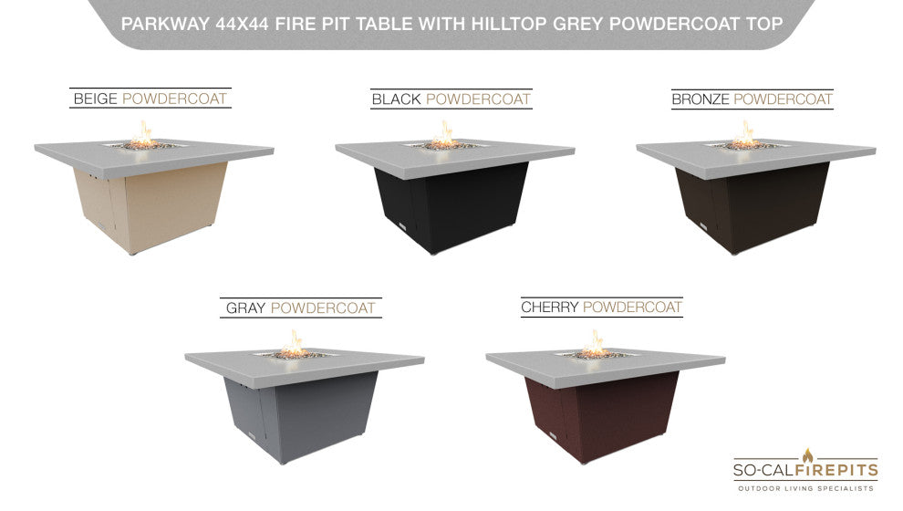 Square Fire Pit Table, 44"x44", Chat Height, Propane, Hilltop Gray Top, Beige