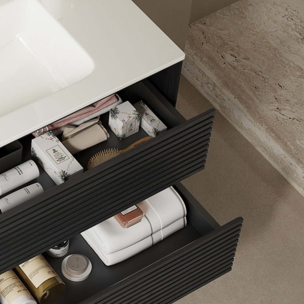 Single Sink Wall-Mounted Bath Vanity in Walnut with White Ceramic Top, Dark Oak, 36"