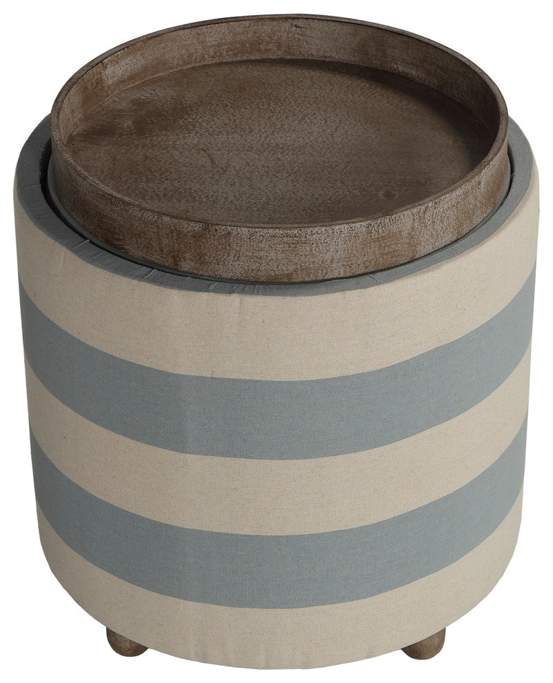 Cortesi Home Keyes Round Storage Ottoman With Tray Top, Blue and White Striped F