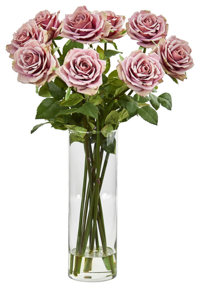 Rose Artificial Arrangement in Cylinder Vase, Mauve