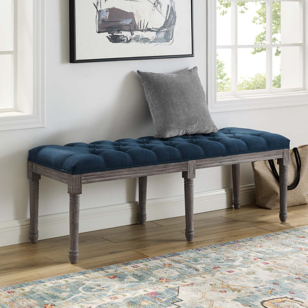 Navy Province French Vintage Upholstered Fabric Bench