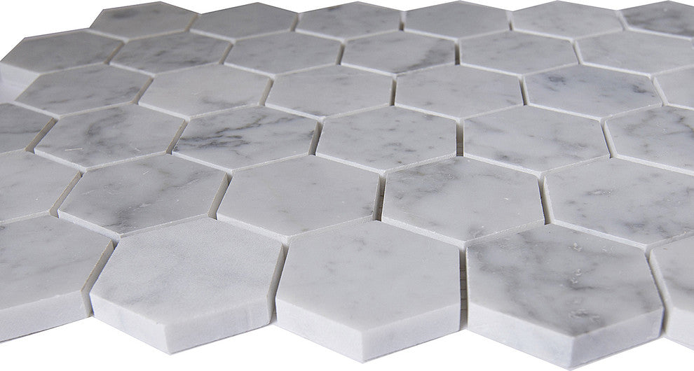 12"x10"Carrara White Marble Mosaic Tile, Hexagon, Honed, Set of 5