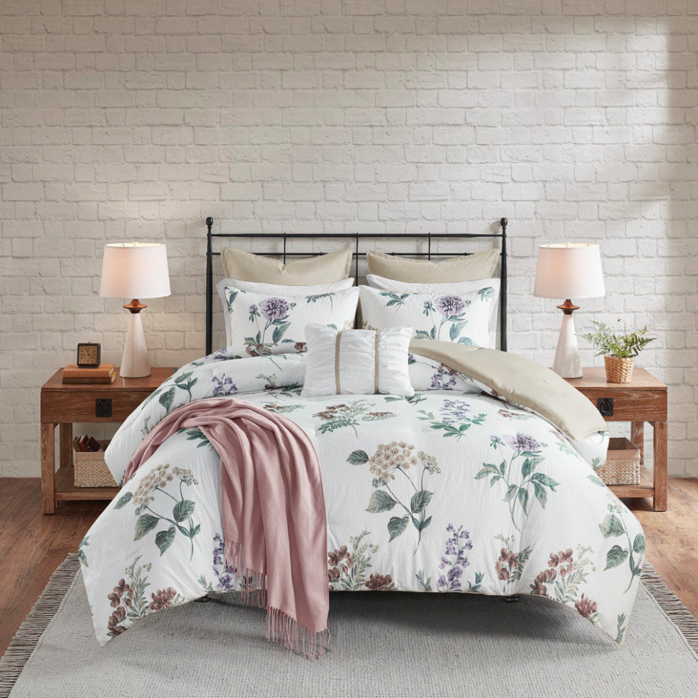 Madison Park Zennia 7 Piece Printed Seersucker Comforter Set With Throw Blanket
