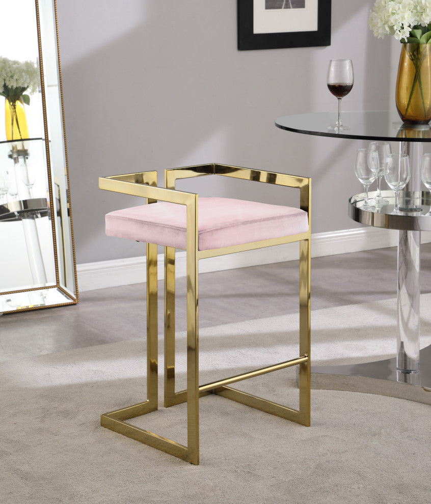 Ezra Counter Stool, Set of 2, Pink Velvet, Gold Base