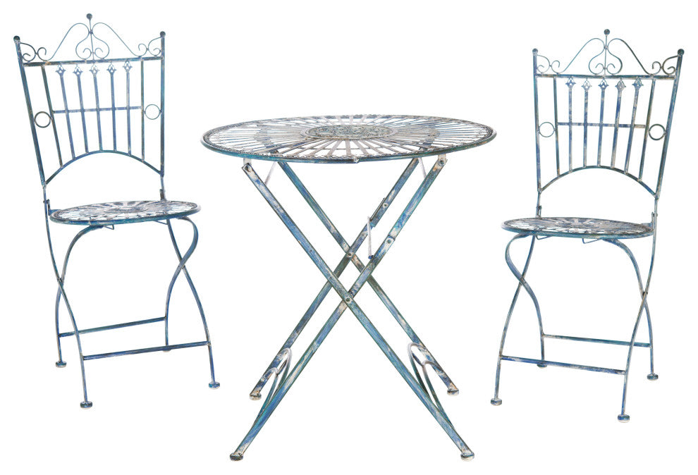 Safavieh Belen Bistro Set, One Table and Two Chairs Antique Blue