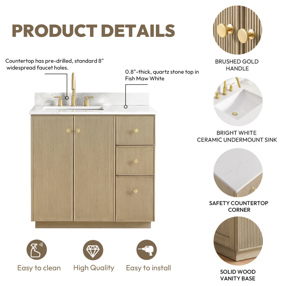 Oza Bath Vanity with Quartz Stone Top, Aged Natural Oak, 36", Single Vanity, No Mirror